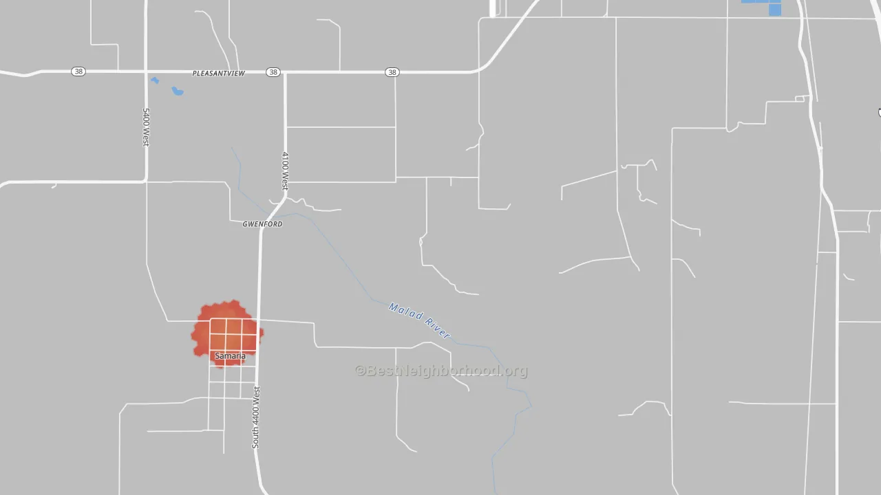 Walk Grade map of Gwenford, ID, walkable areas in green and car-dependent areas in red