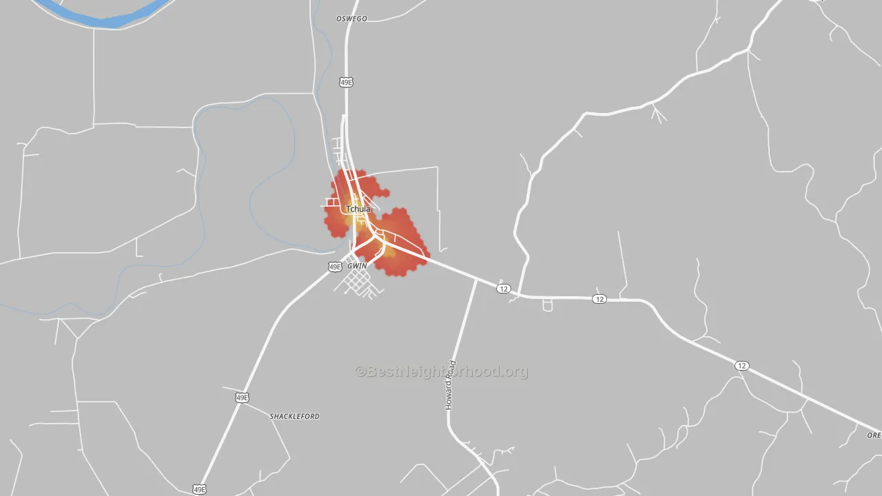 Walk Grade map of Gwin, MS, walkable areas in green and car-dependent areas in red
