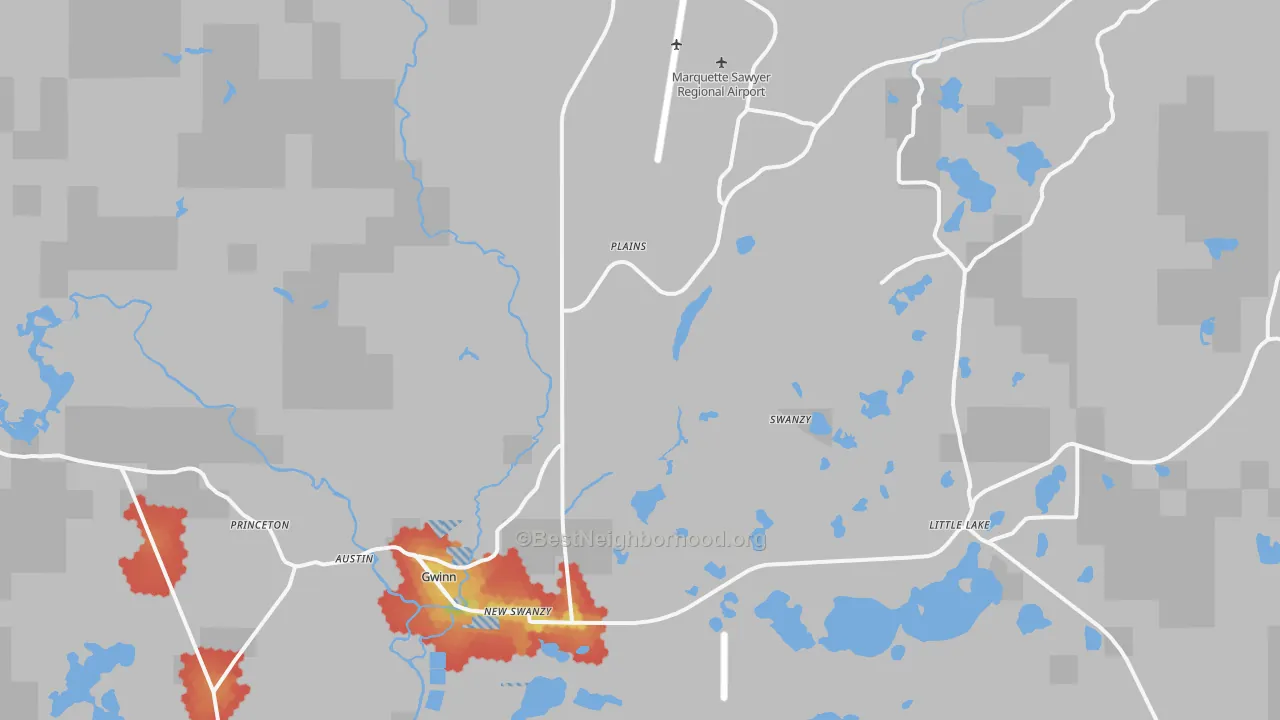Walk Grade map of Gwinn, MI, walkable areas in green and car-dependent areas in red