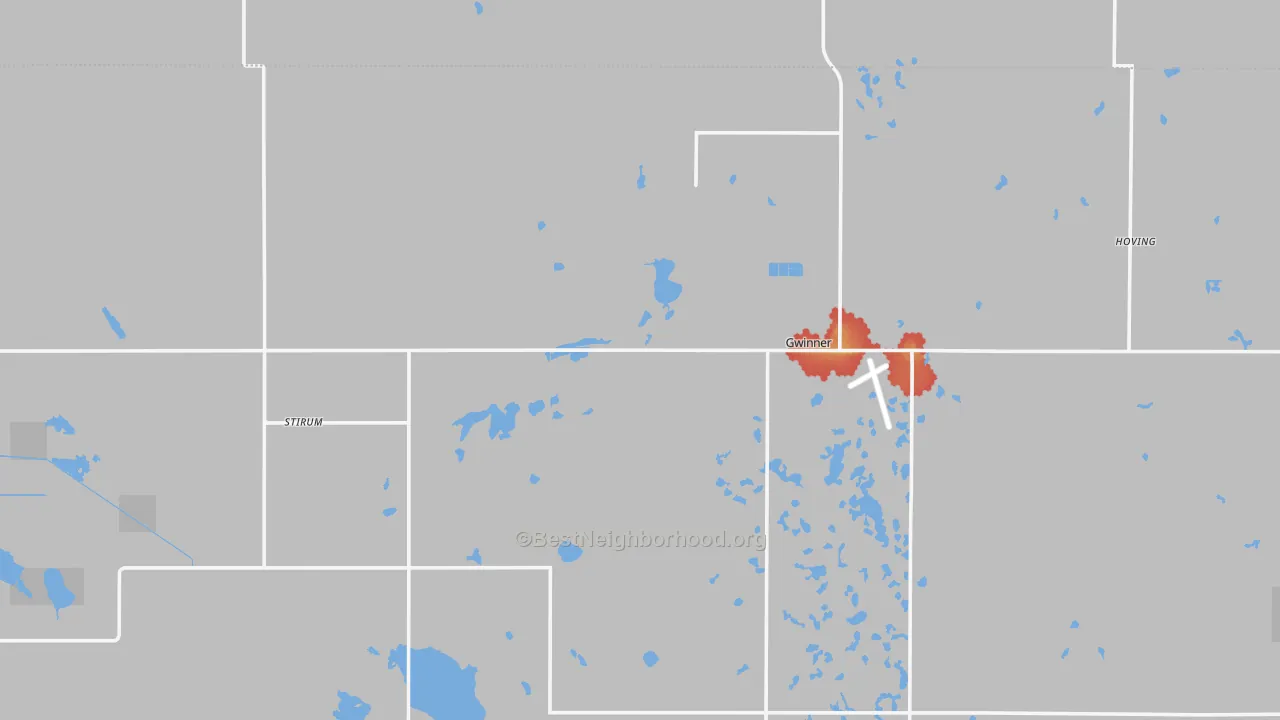 Walk Grade map of Gwinner, ND, walkable areas in green and car-dependent areas in red