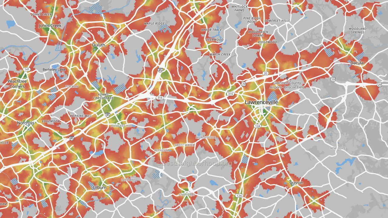 Walk Grade map of Gwinnett County, GA, walkable areas in green and car-dependent areas in red