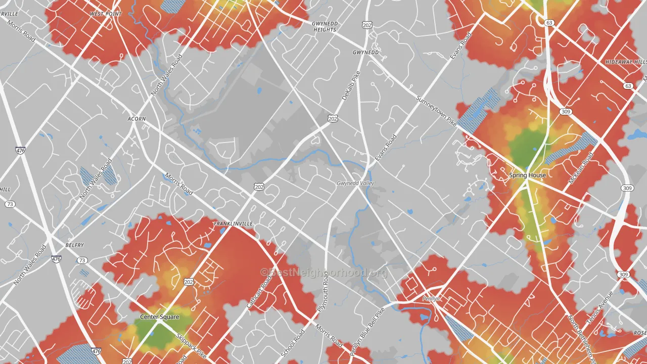 Walk Grade map of Gwynedd Valley, PA, walkable areas in green and car-dependent areas in red