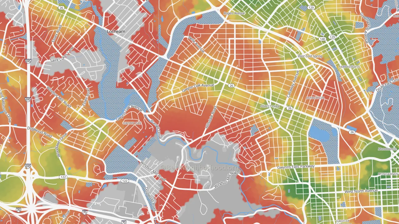 Walk Grade map of Gwynn Oak, MD, walkable areas in green and car-dependent areas in red