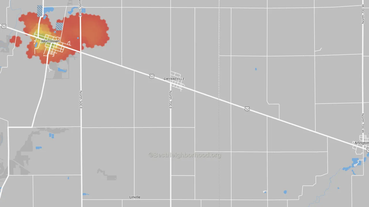 Walk Grade map of Gwynneville, IN, walkable areas in green and car-dependent areas in red