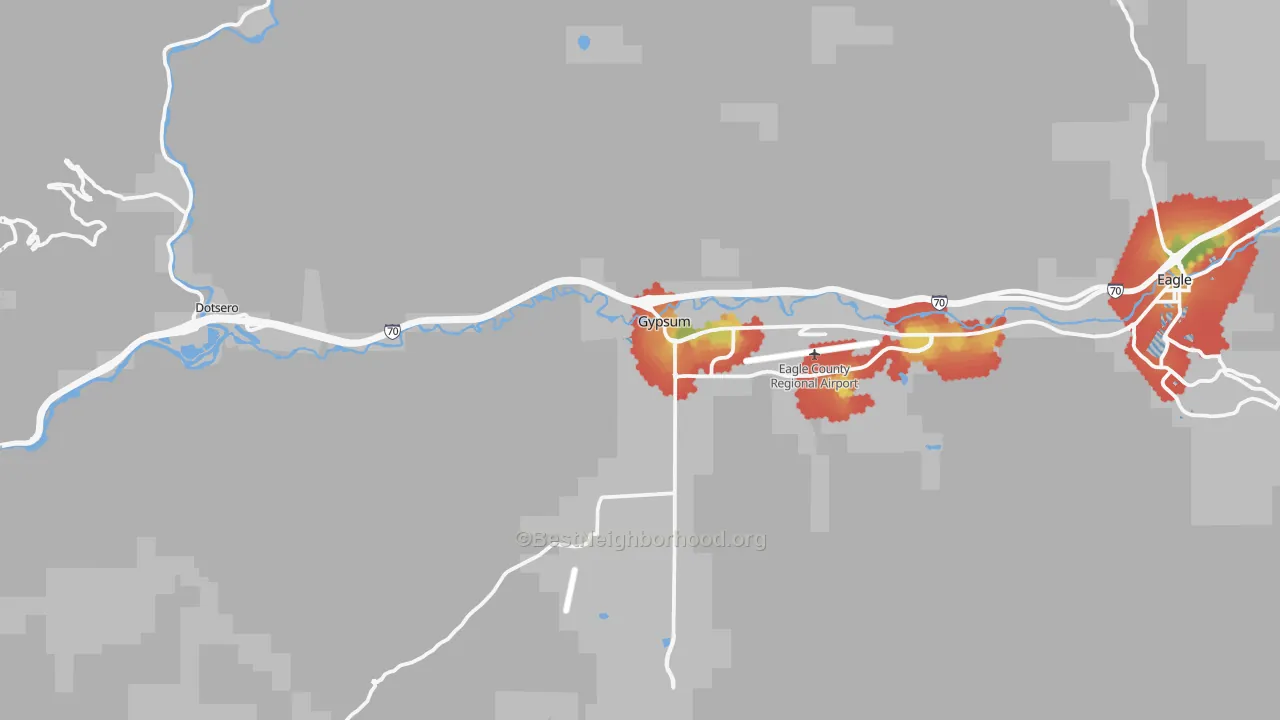 Walk Grade map of Gypsum, CO, walkable areas in green and car-dependent areas in red