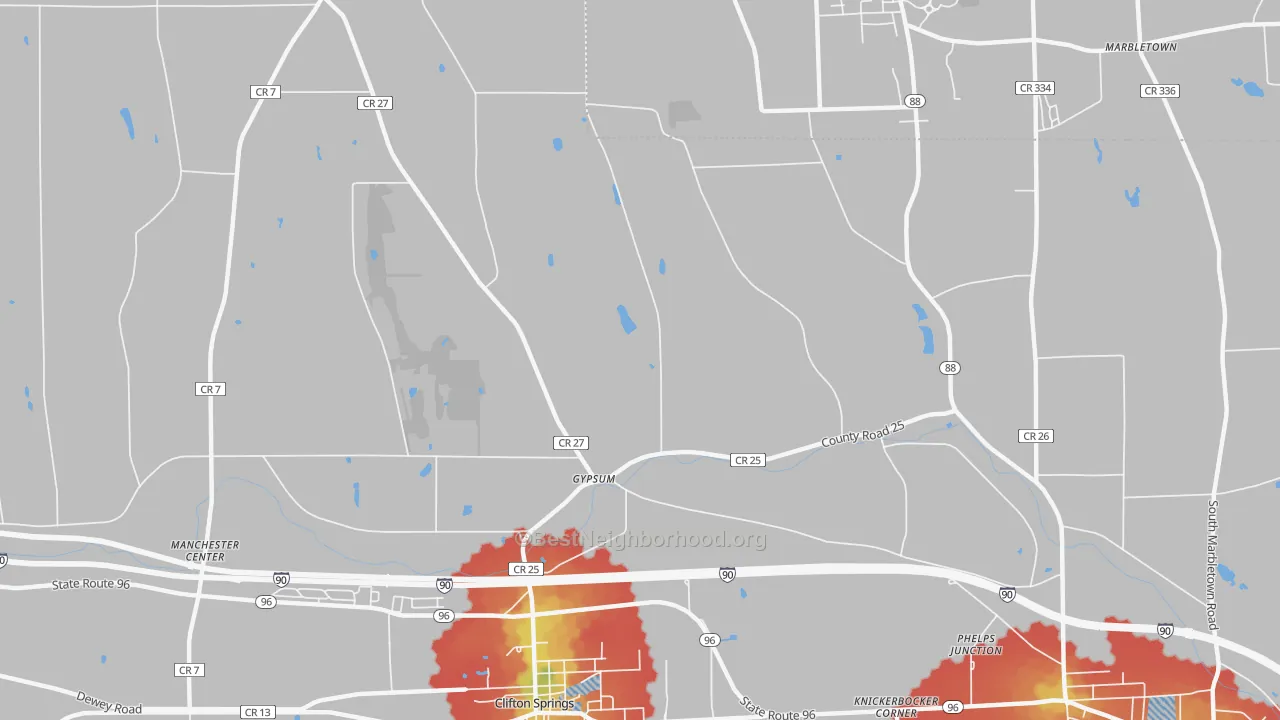 Walk Grade map of Gypsum, NY, walkable areas in green and car-dependent areas in red