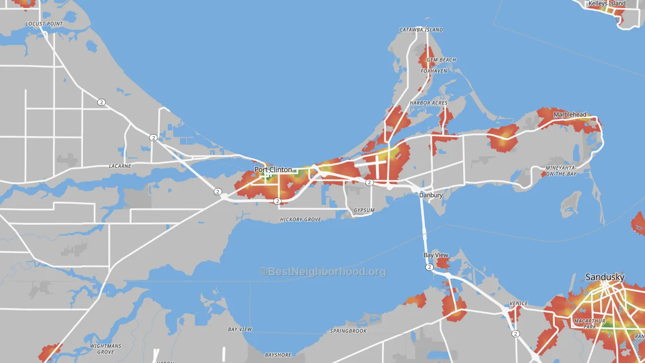 Walk Grade map of Gypsum, OH, walkable areas in green and car-dependent areas in red