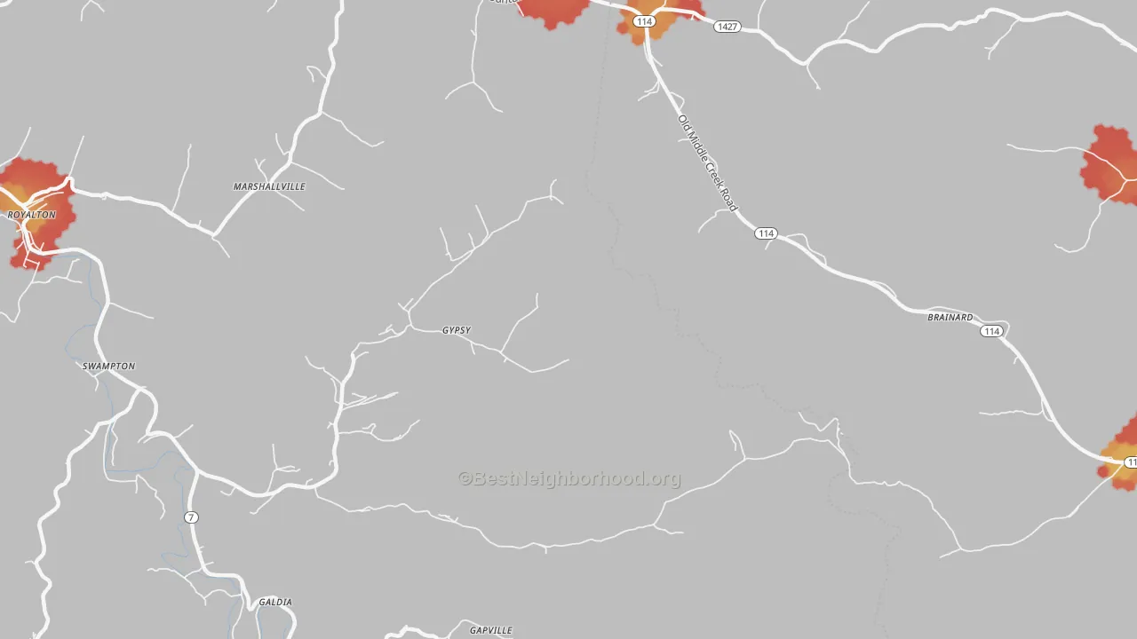 Walk Grade map of Gypsy, KY, walkable areas in green and car-dependent areas in red