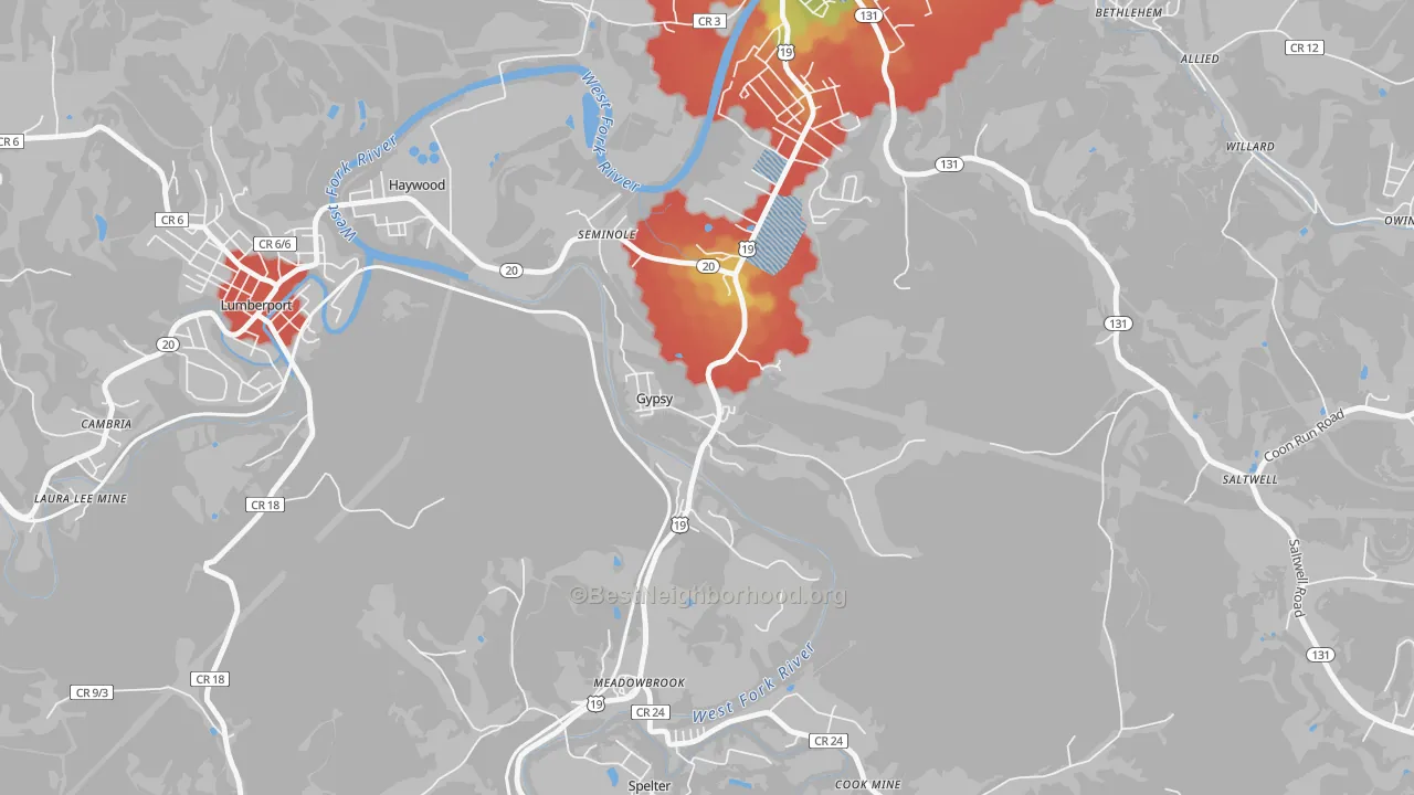 Walk Grade map of Gypsy, WV, walkable areas in green and car-dependent areas in red