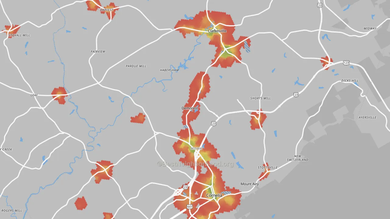 Walk Grade map of Habersham County, GA, walkable areas in green and car-dependent areas in red