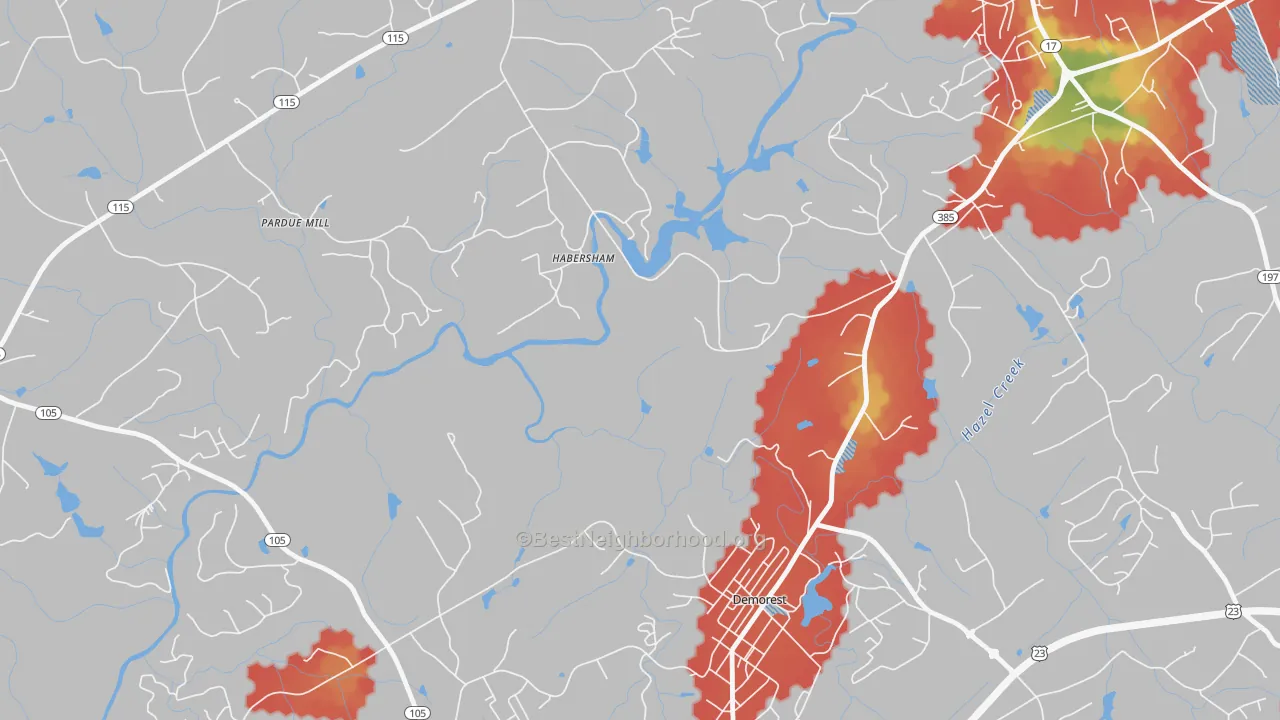 Walk Grade map of Habersham, GA, walkable areas in green and car-dependent areas in red