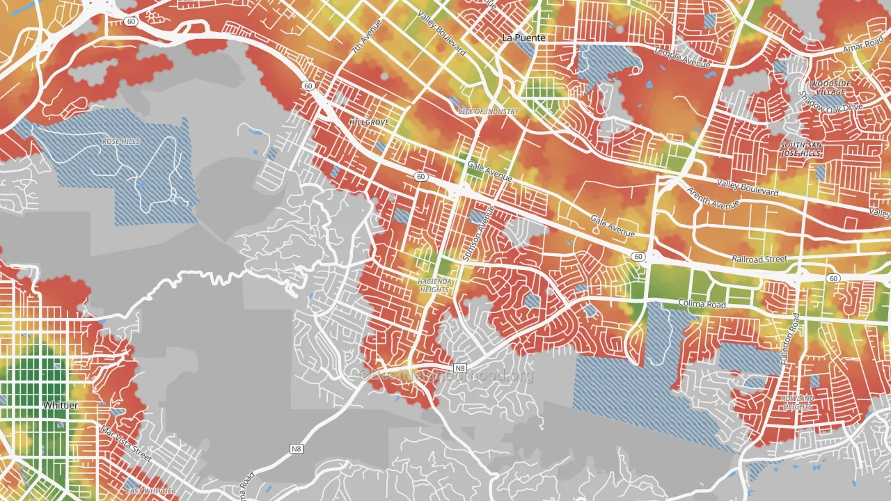 Walk Grade map of Hacienda Heights, CA, walkable areas in green and car-dependent areas in red