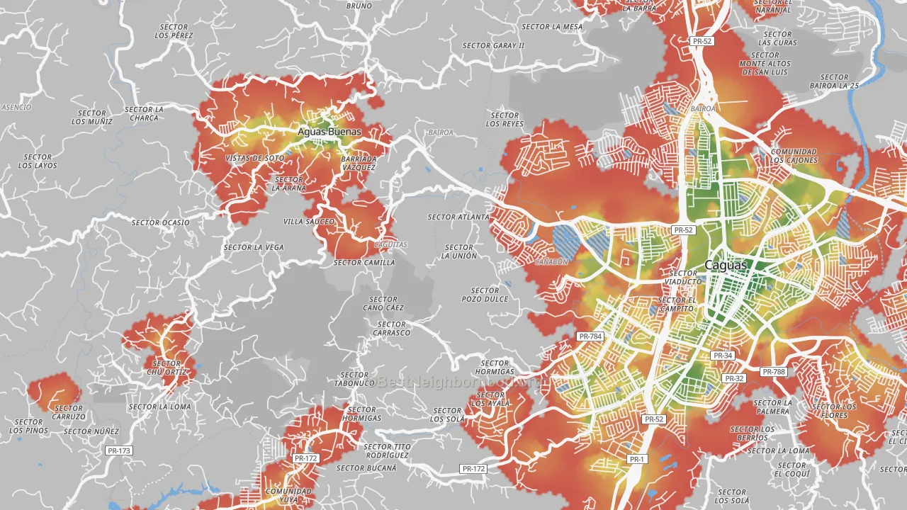 Walk Grade map of Hacienda San Jose, PR, walkable areas in green and car-dependent areas in red