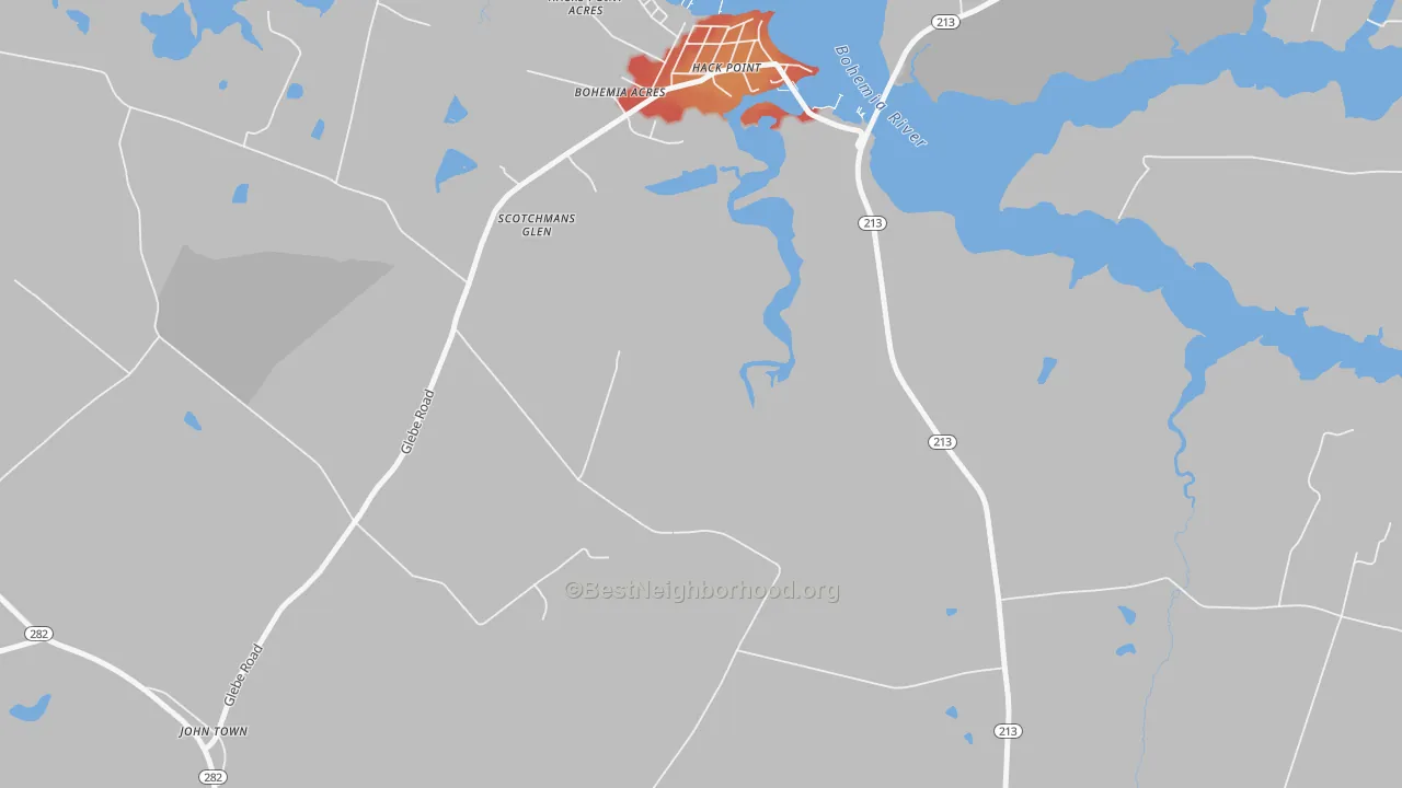 Walk Grade map of Hack Point, MD, walkable areas in green and car-dependent areas in red