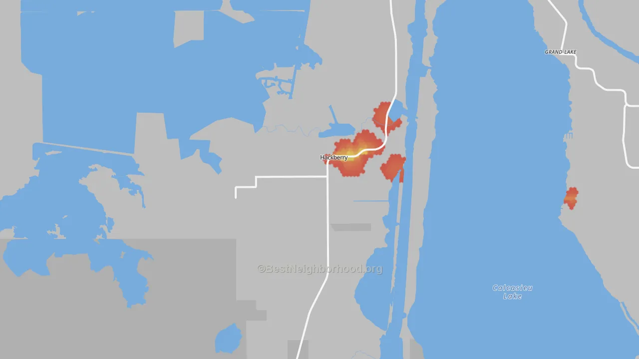 Walk Grade map of Hackberry, LA, walkable areas in green and car-dependent areas in red