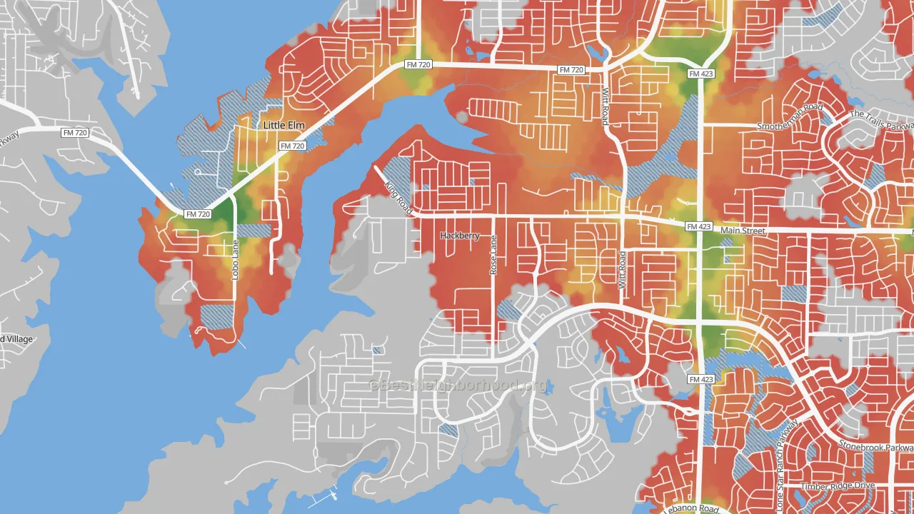 Walk Grade map of Hackberry, TX, walkable areas in green and car-dependent areas in red