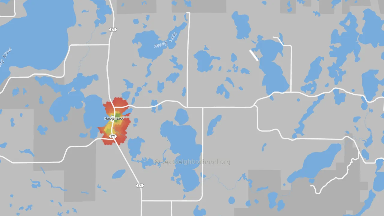 Walk Grade map of Hackensack, MN, walkable areas in green and car-dependent areas in red