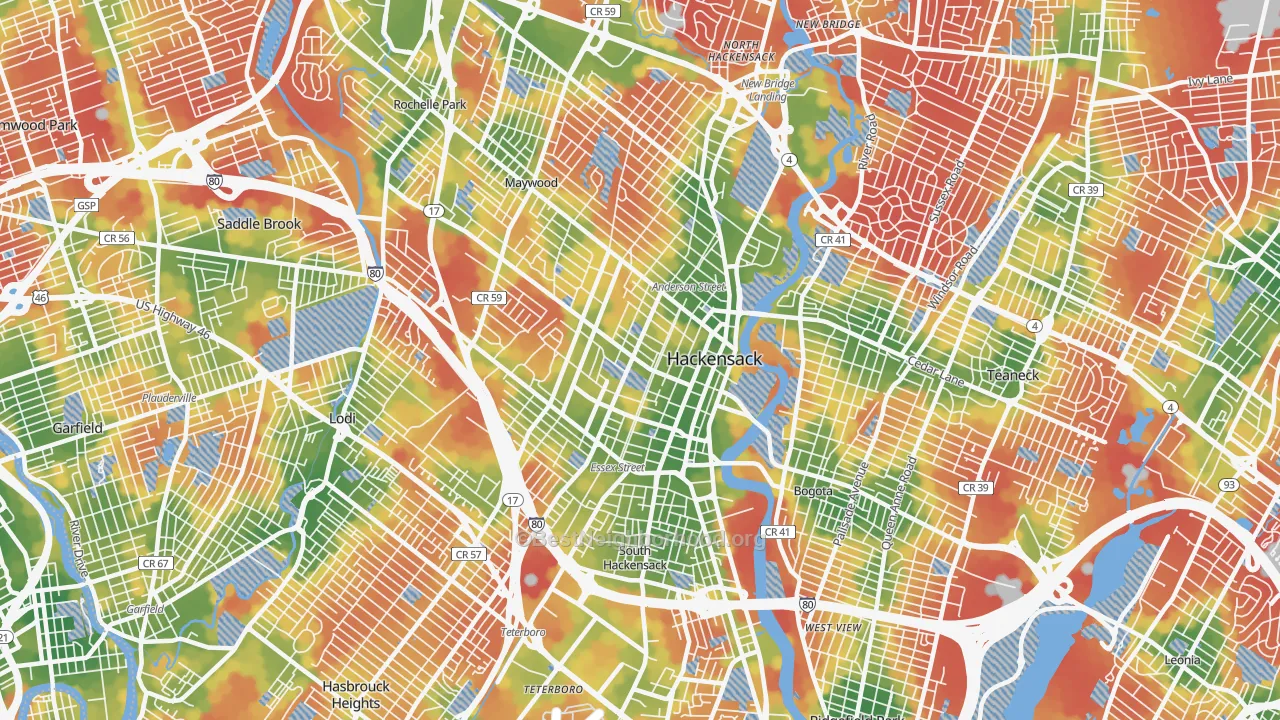 Walk Grade map of Hackensack, NJ, walkable areas in green and car-dependent areas in red