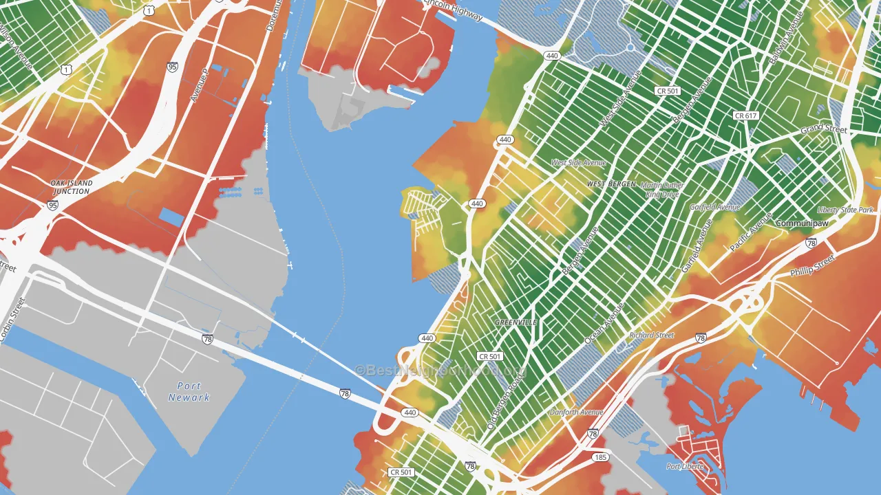 Walk Grade map of Hackensack Riverfront, Jersey City, NJ, walkable areas in green and car-dependent areas in red