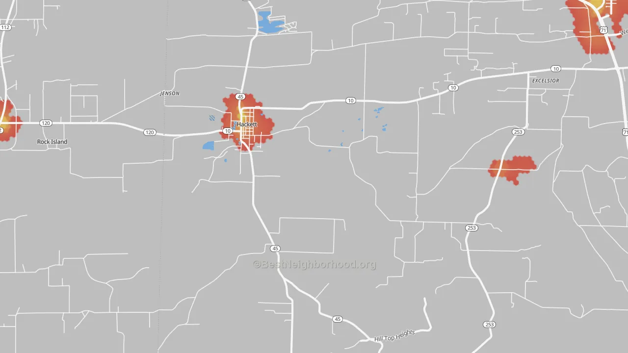 Walk Grade map of Hackett, AR, walkable areas in green and car-dependent areas in red