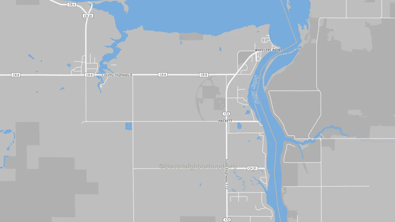 Walk Grade map of Hackett, MN, walkable areas in green and car-dependent areas in red