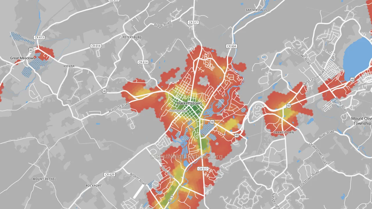 Walk Grade map of Hackettstown, NJ, walkable areas in green and car-dependent areas in red