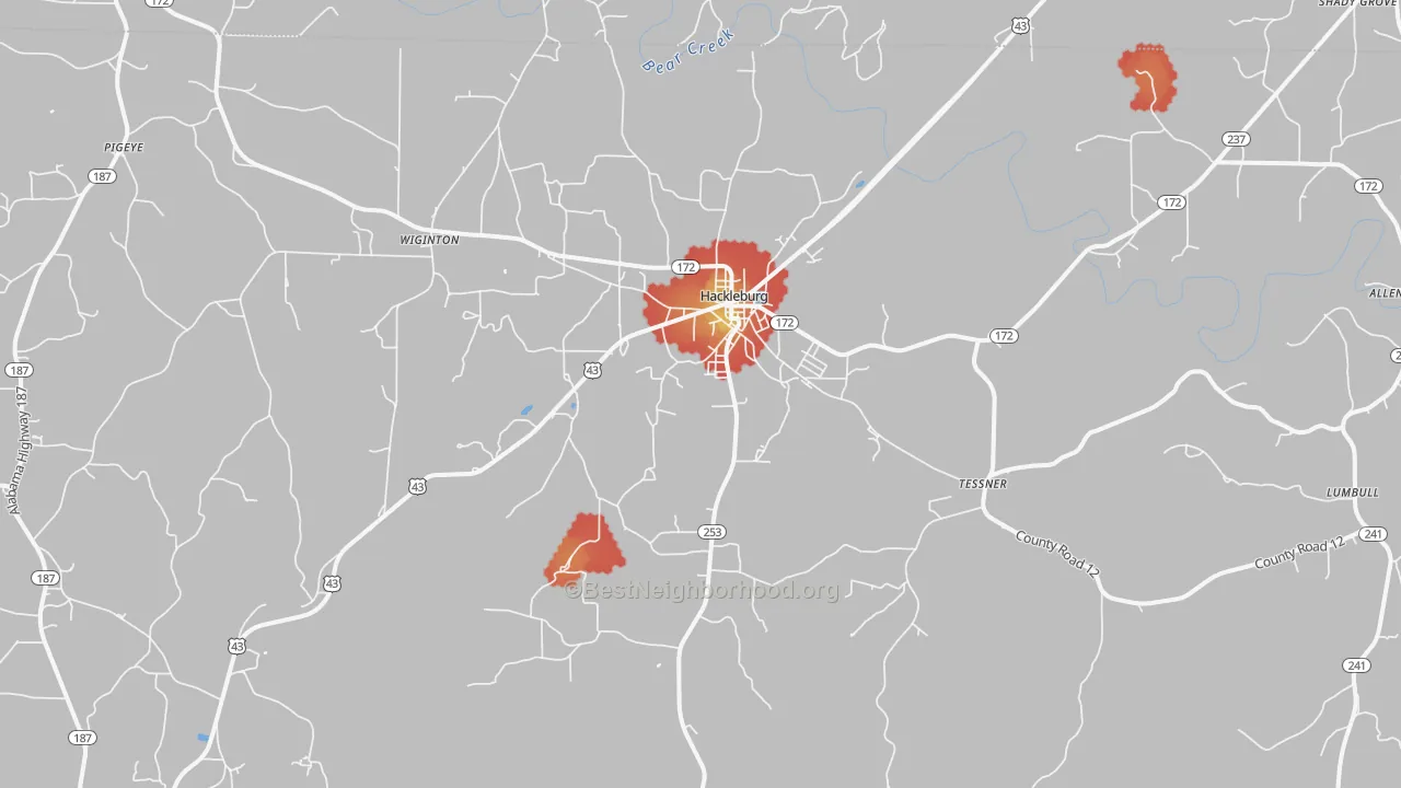 Walk Grade map of Hackleburg, AL, walkable areas in green and car-dependent areas in red