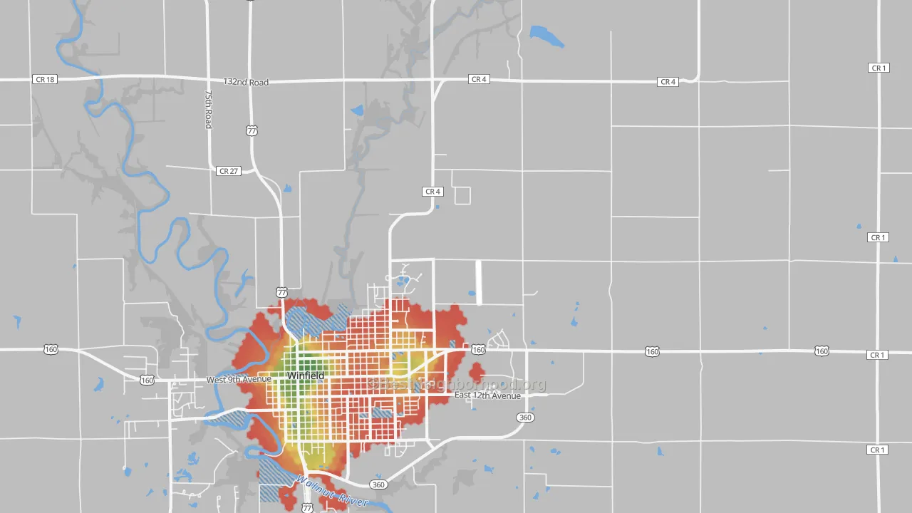 Walk Grade map of Hackney, KS, walkable areas in green and car-dependent areas in red