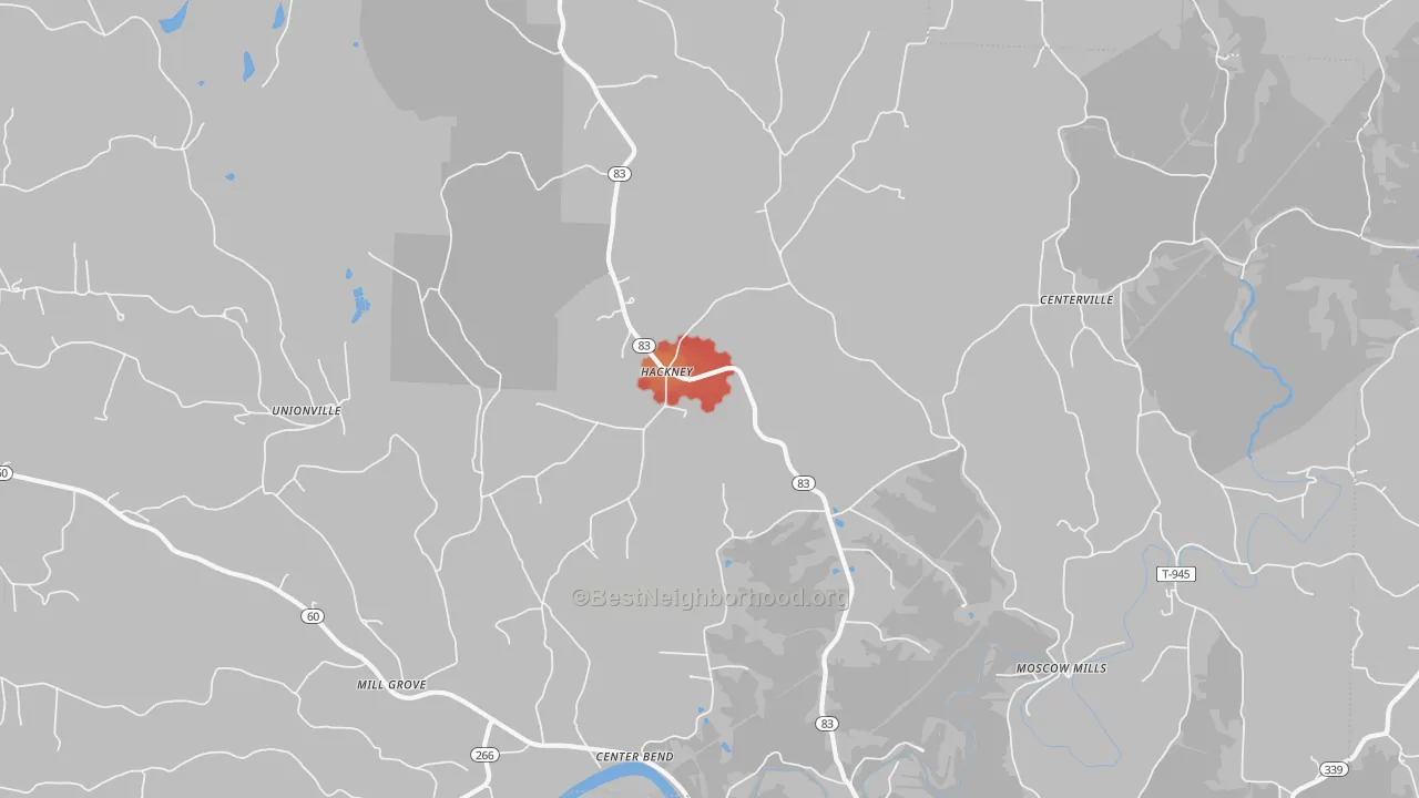 Walk Grade map of Hackney, OH, walkable areas in green and car-dependent areas in red