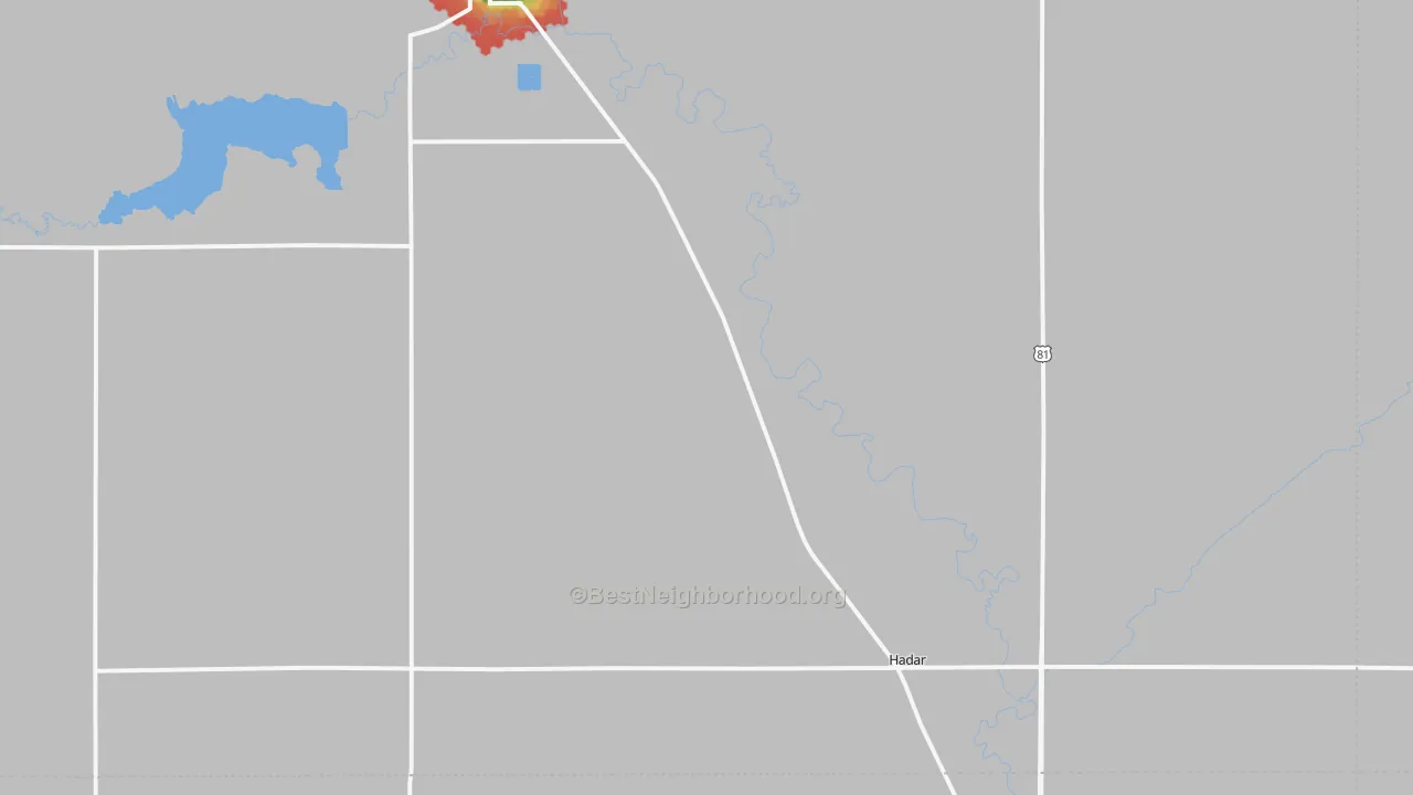 Walk Grade map of Hadar, NE, walkable areas in green and car-dependent areas in red