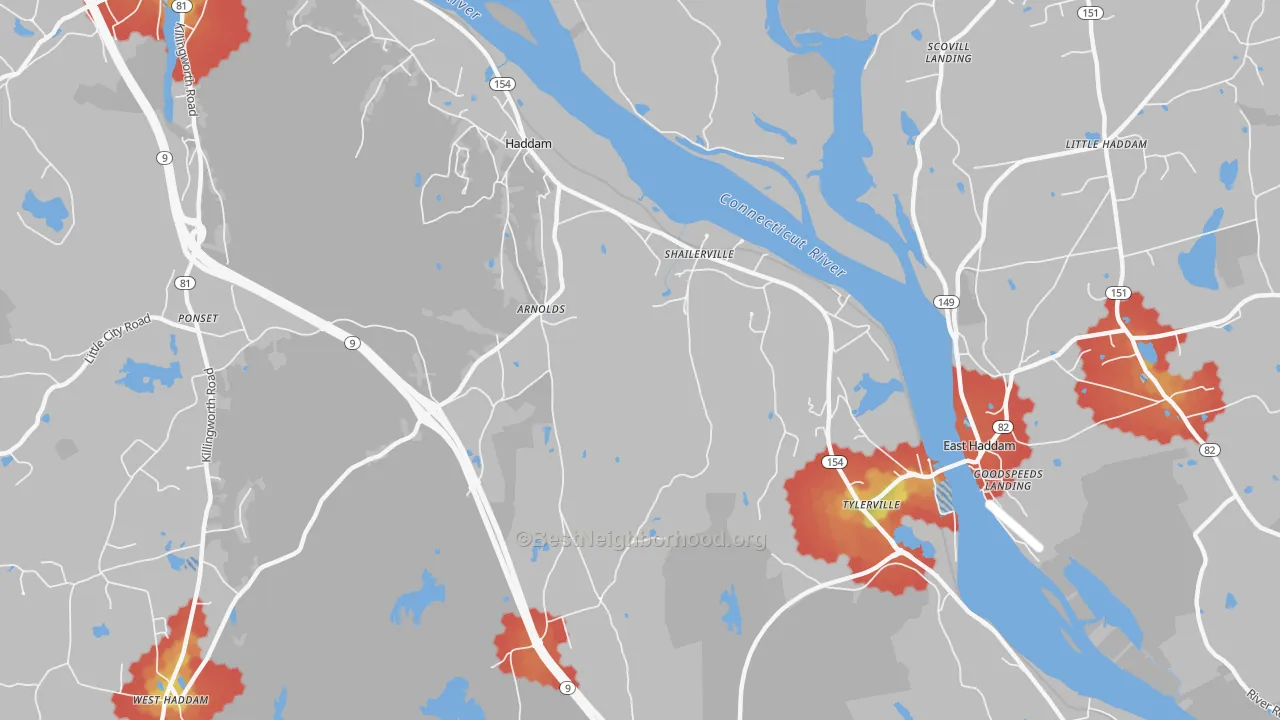 Walk Grade map of Haddam, CT, walkable areas in green and car-dependent areas in red