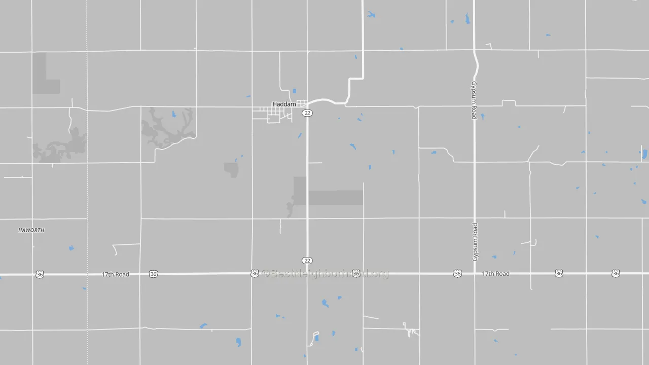 Walk Grade map of Haddam, KS, walkable areas in green and car-dependent areas in red