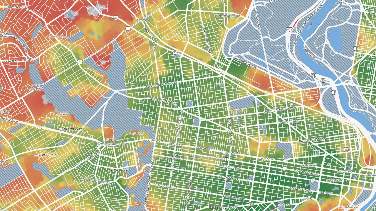 Walk Grade map of Haddington-Carroll Park, Philadelphia, PA, walkable areas in green and car-dependent areas in red