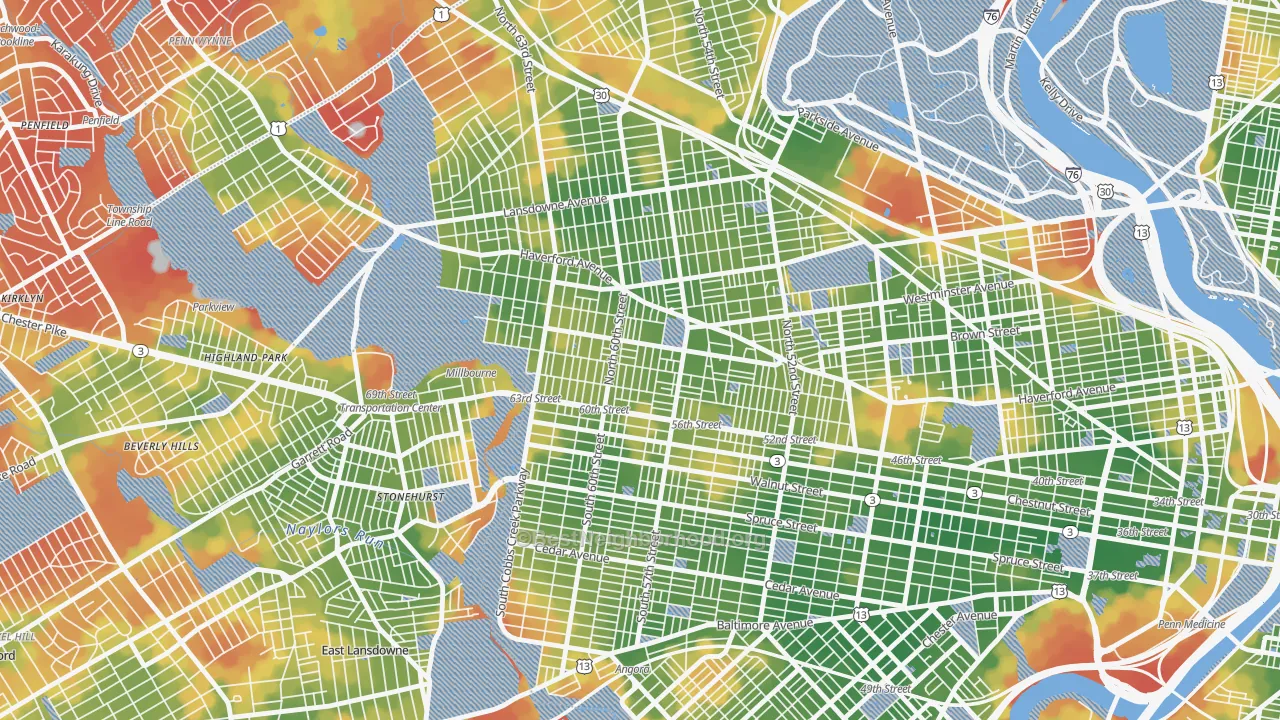 Walk Grade map of Haddington, Philadelphia, PA, walkable areas in green and car-dependent areas in red