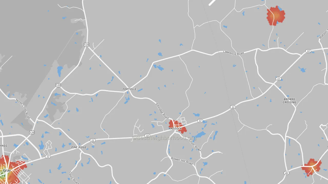 Walk Grade map of Haddock, GA, walkable areas in green and car-dependent areas in red