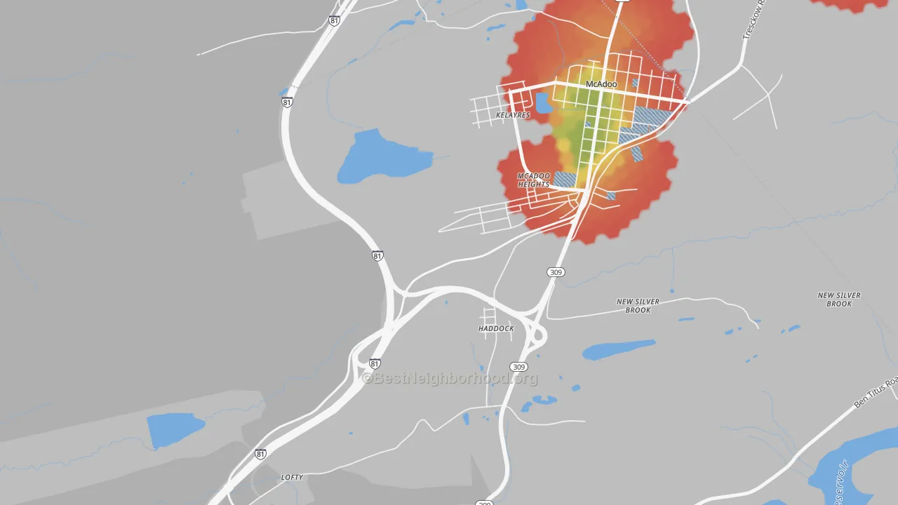 Walk Grade map of Haddock, PA, walkable areas in green and car-dependent areas in red