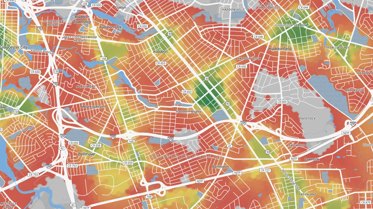 Walk Grade map of Haddon Heights, NJ, walkable areas in green and car-dependent areas in red