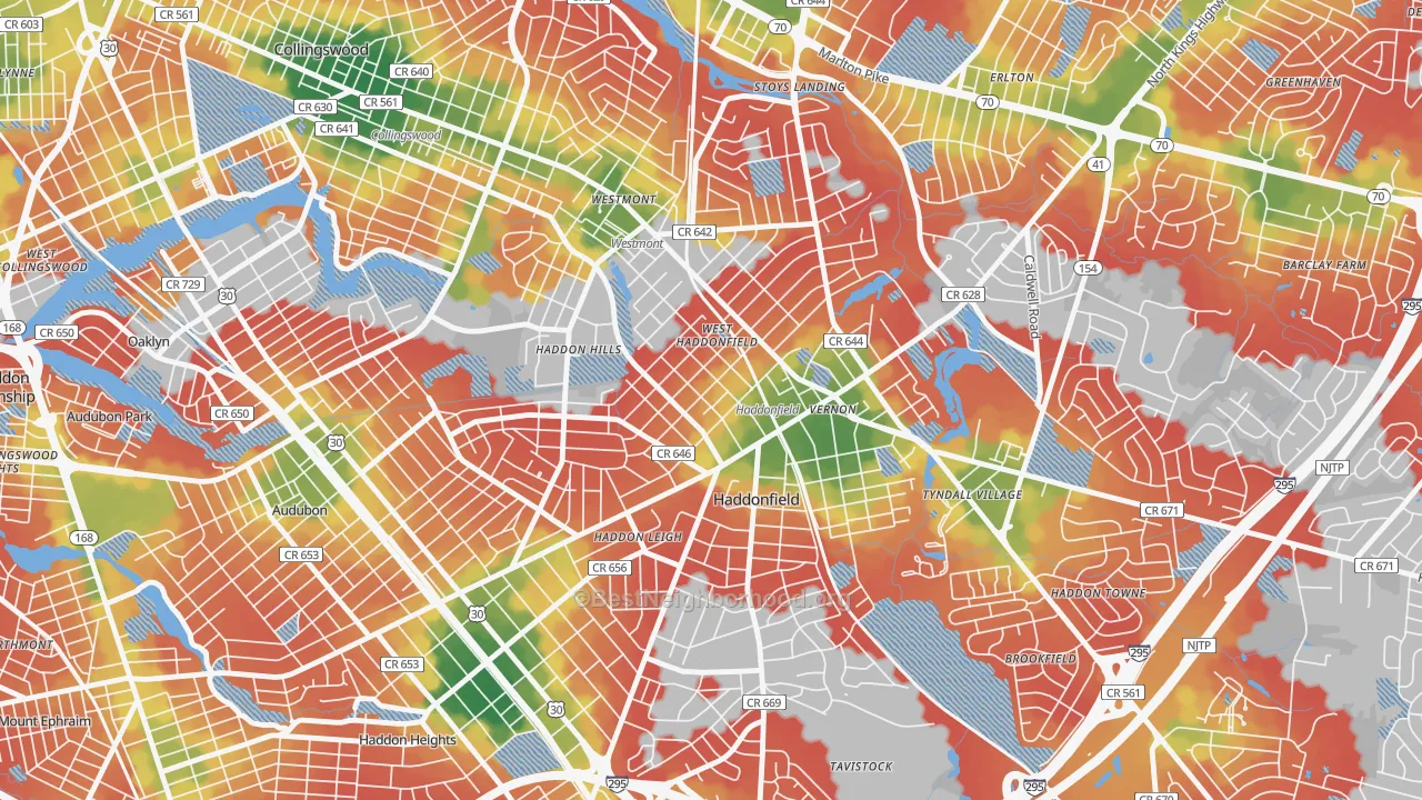 Walk Grade map of Haddonfield, NJ, walkable areas in green and car-dependent areas in red