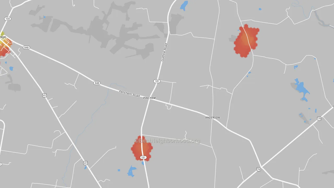 Walk Grade map of Hadensville, KY, walkable areas in green and car-dependent areas in red