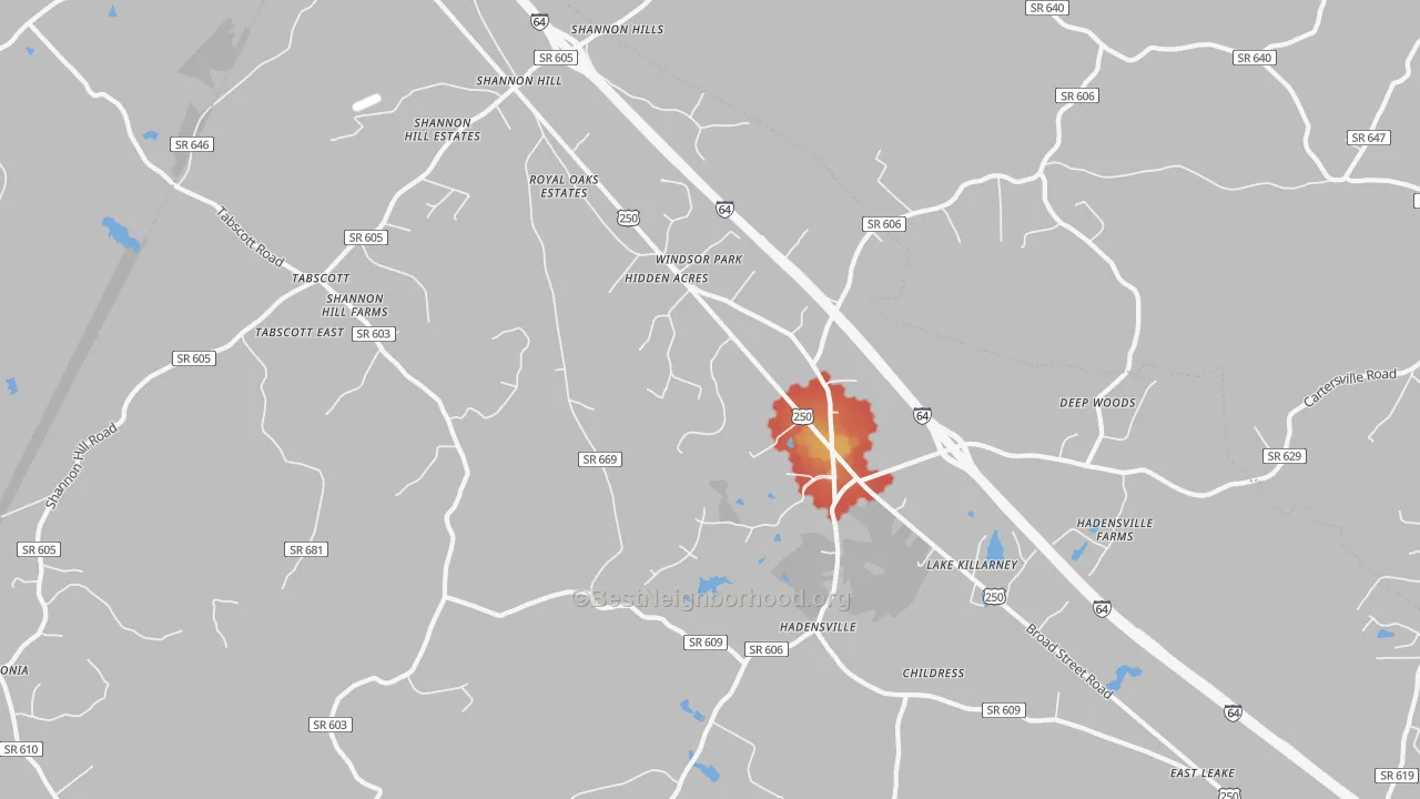 Walk Grade map of Hadensville, VA, walkable areas in green and car-dependent areas in red