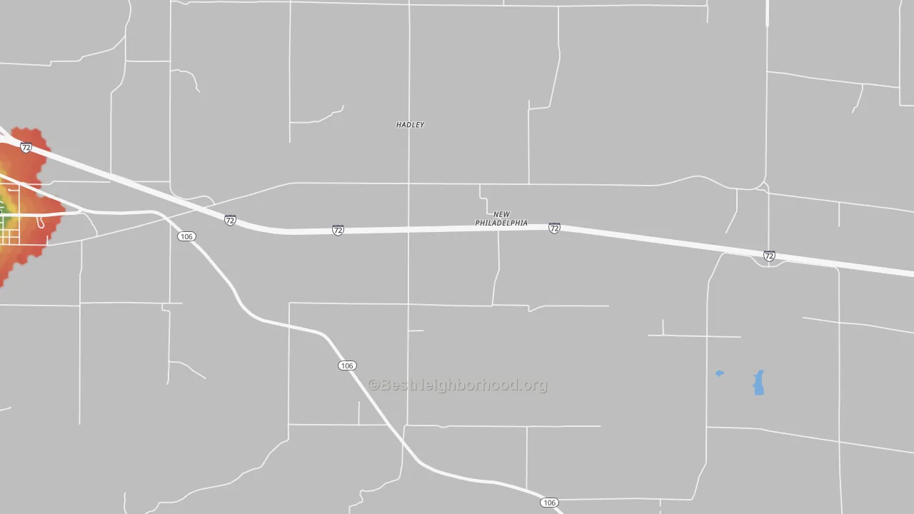Walk Grade map of Hadley, IL, walkable areas in green and car-dependent areas in red