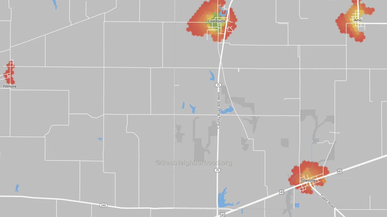Walk Grade map of Hadley, IN, walkable areas in green and car-dependent areas in red