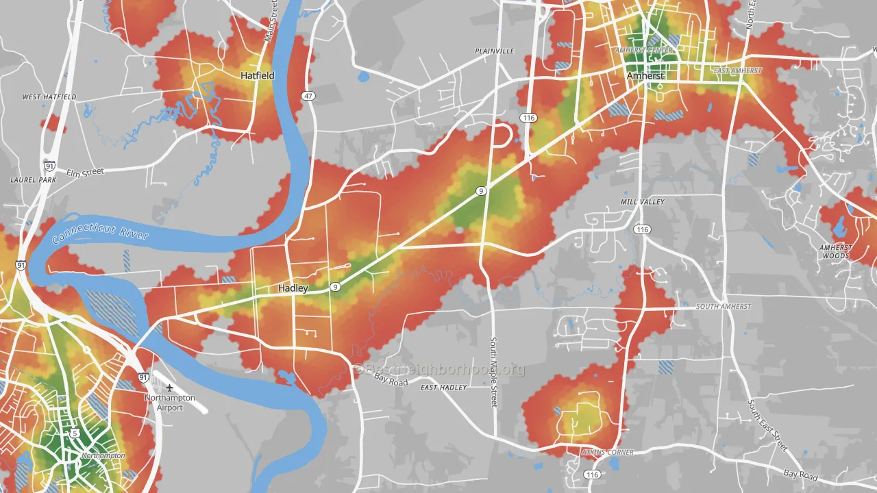 Walk Grade map of Hadley, MA, walkable areas in green and car-dependent areas in red