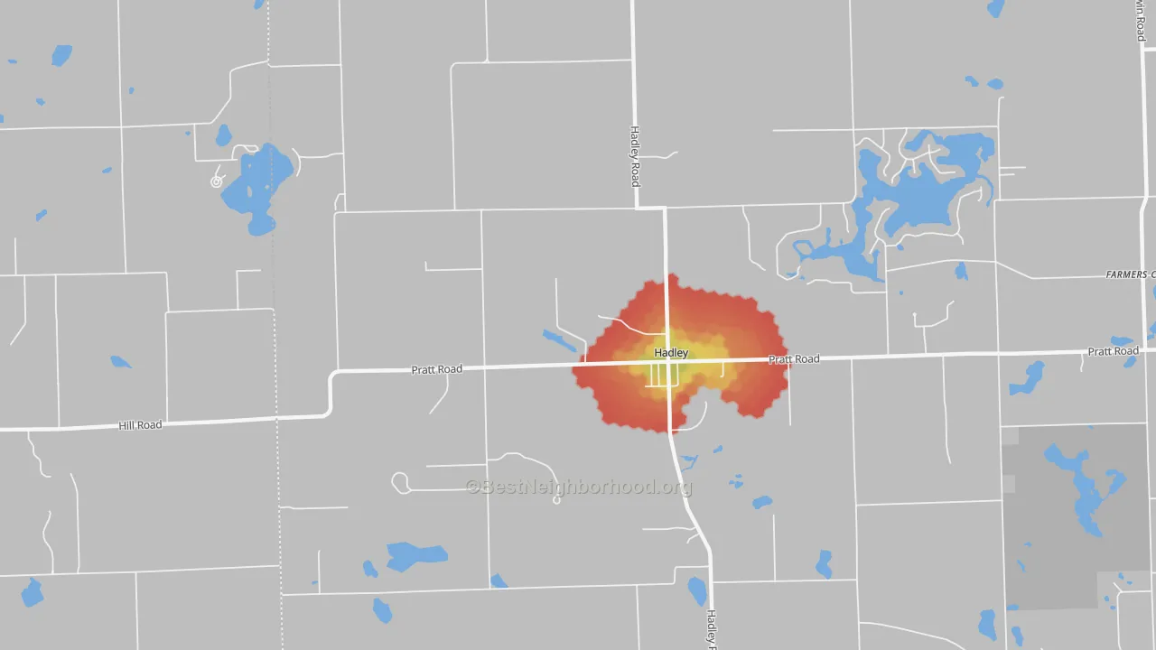Walk Grade map of Hadley, MI, walkable areas in green and car-dependent areas in red