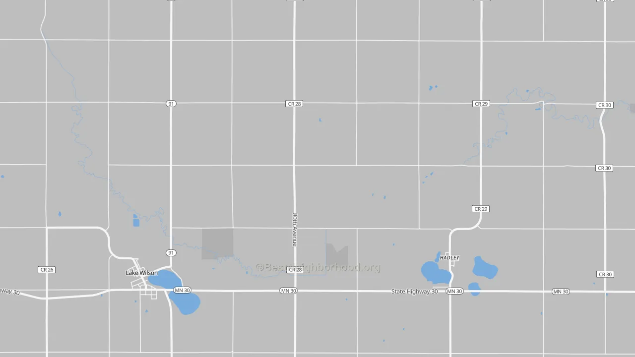Walk Grade map of Hadley, MN, walkable areas in green and car-dependent areas in red