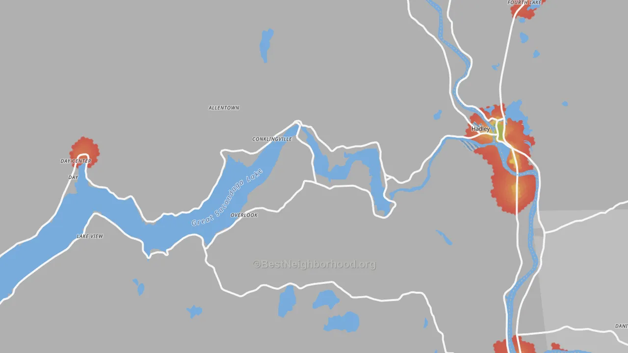 Walk Grade map of Hadley, NY, walkable areas in green and car-dependent areas in red
