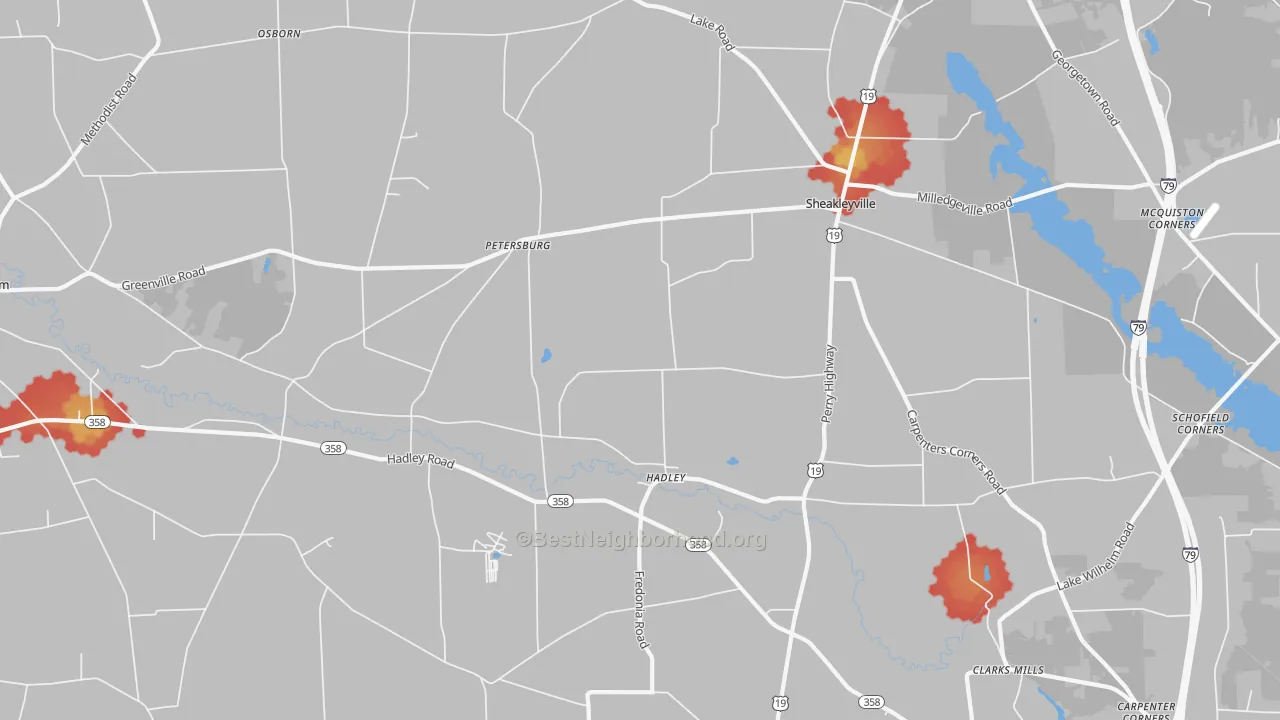 Walk Grade map of Hadley, PA, walkable areas in green and car-dependent areas in red