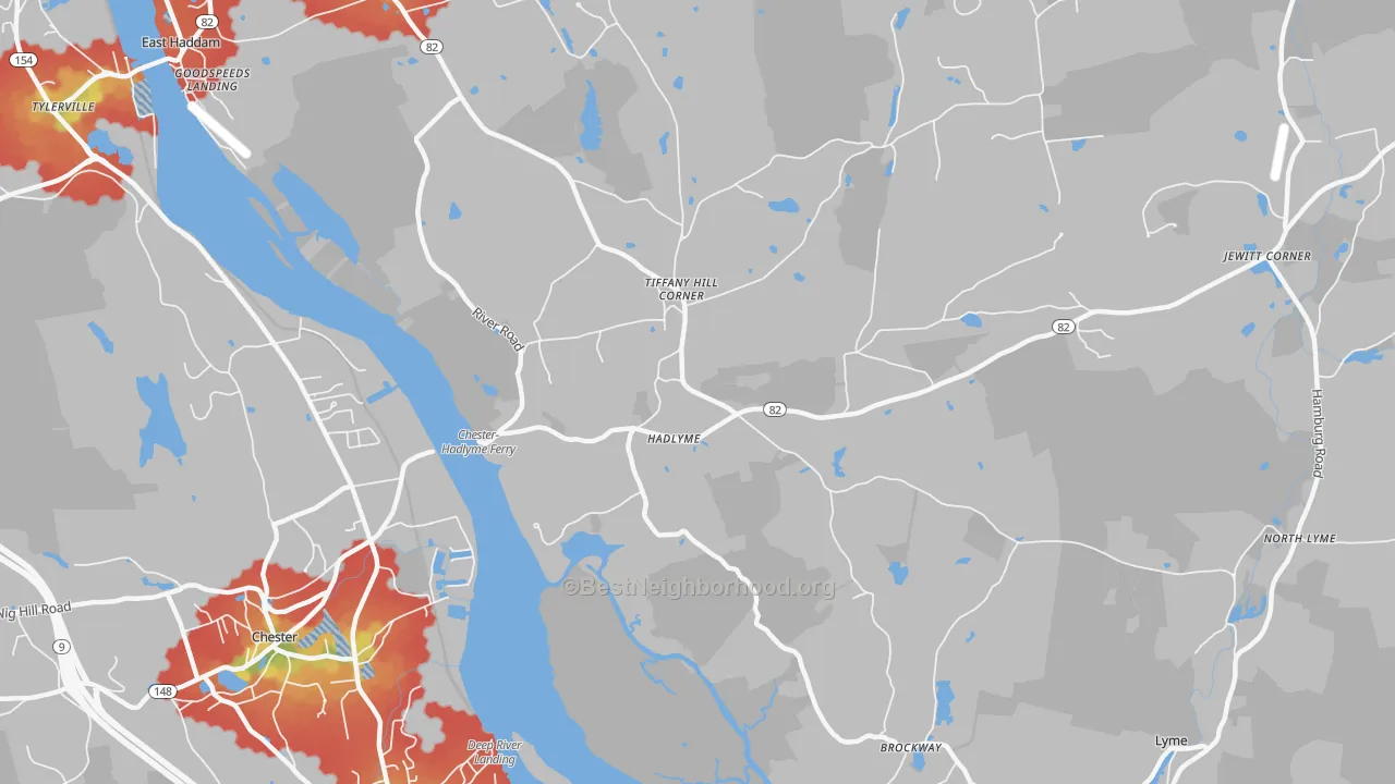 Walk Grade map of Hadlyme, CT, walkable areas in green and car-dependent areas in red