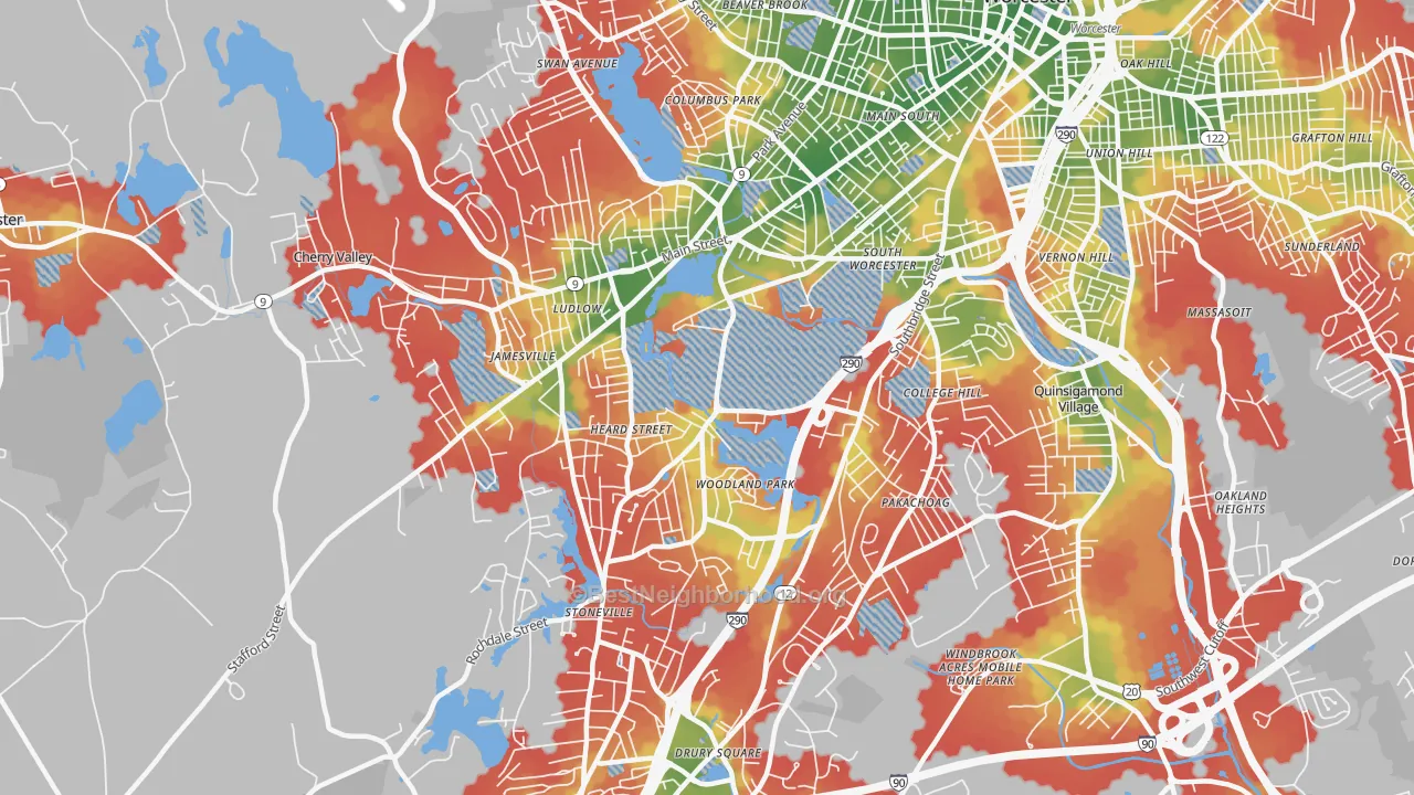 Walk Grade map of Hadwen Park, Worcester, MA, walkable areas in green and car-dependent areas in red