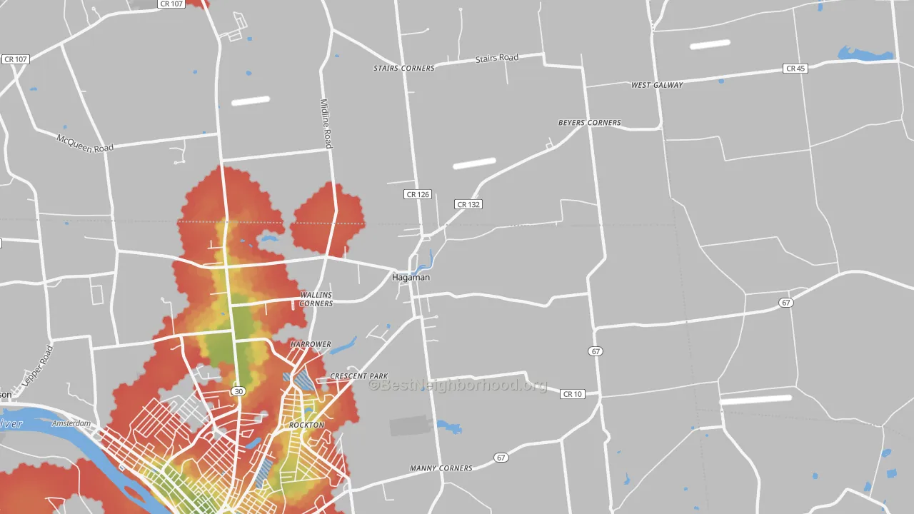 Walk Grade map of Hagaman, NY, walkable areas in green and car-dependent areas in red